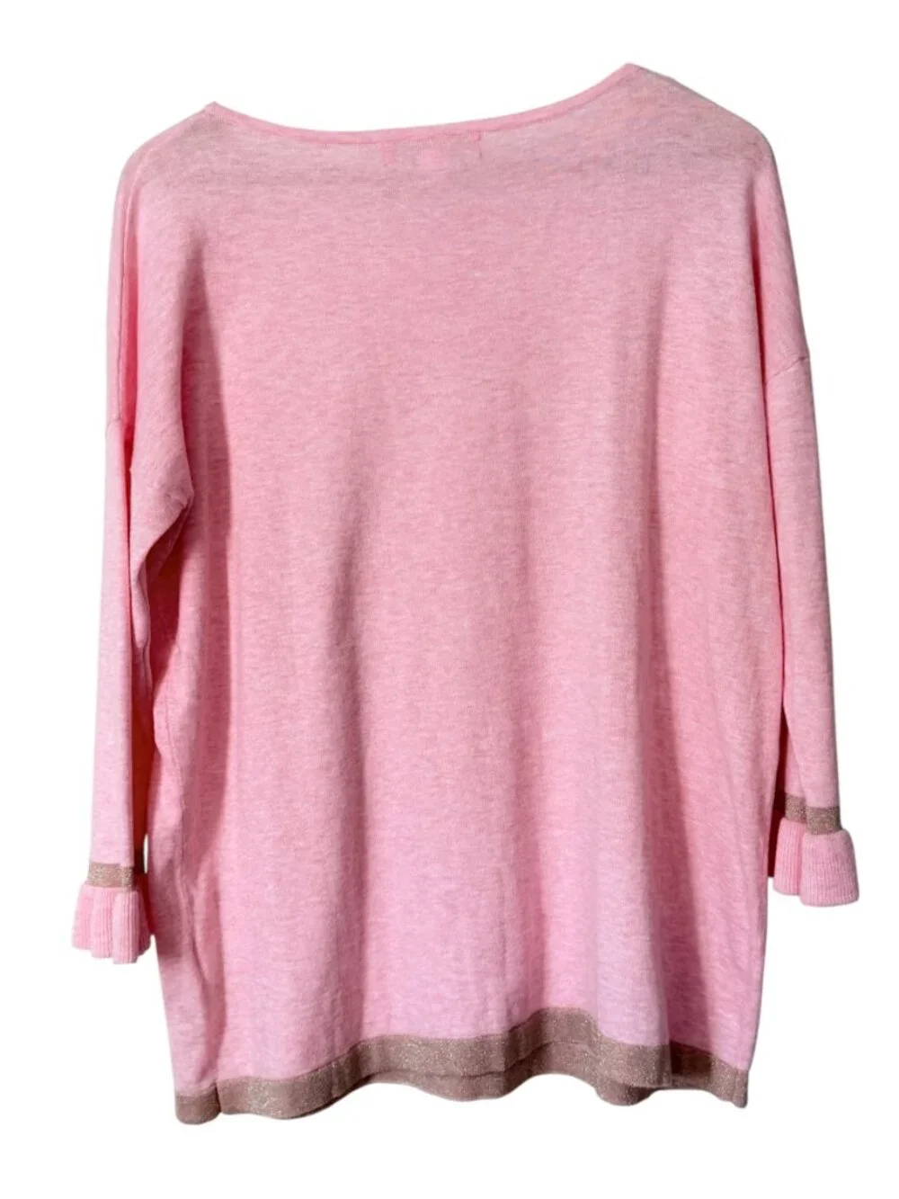 Lilly Pulitzer Charla Ruffle Cuff Coolmax Pink Metallic Trim Pullover Sweater M